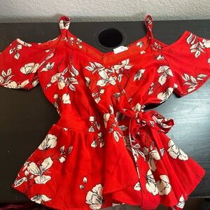 Red Floral Cold-Shoulder Tie-Waist Women's Top